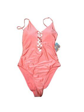 Blue C Rib Lace Up One Piece Swimsuit sz M Coral Pink